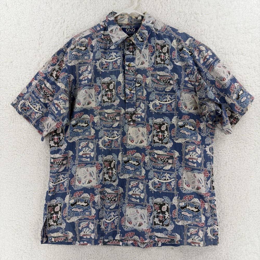 ONO & Company Shirt Mens XL Blue Hawaiian Tropical Print Short Sleeve Button Up